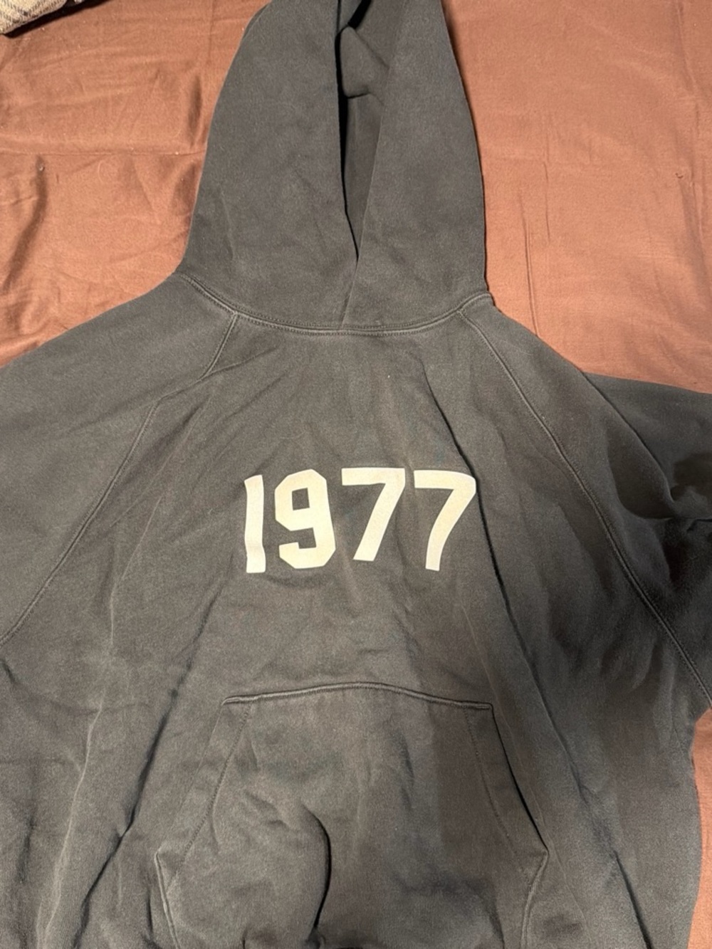 1977 Essentials Hoodie - Dark Gray with White Print